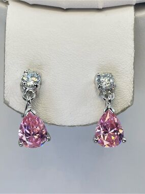 FAS Pink CZ Teardrop Dangle Clip On Earrings Silver Tone Bridal